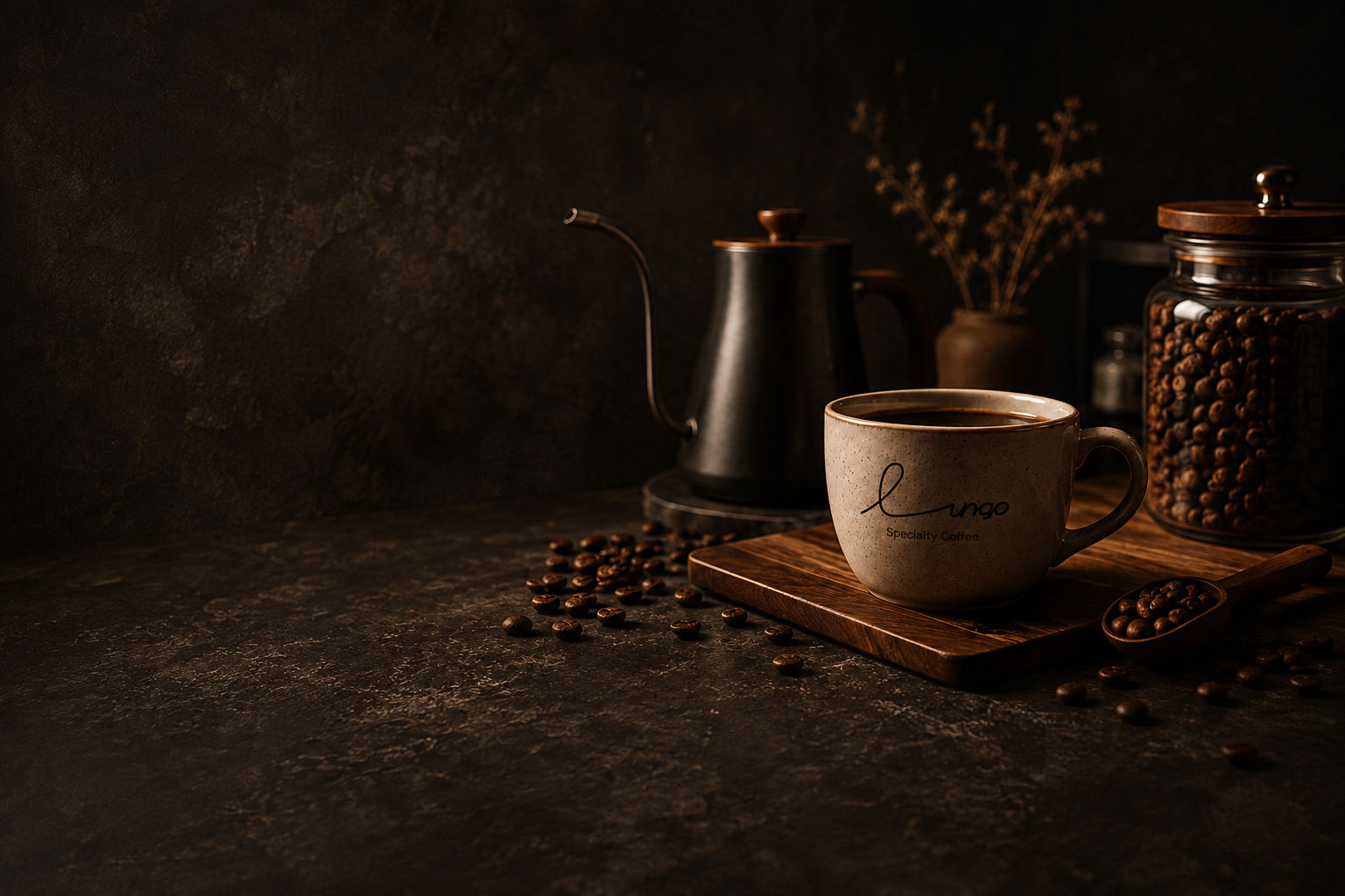 A Lungo cup on a wooden board beside a pour-over kettle and a jar of beans